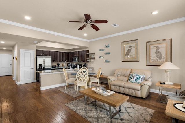 732 Scenic Gulf Dr Unit A103, Miramar Beach, FL 32550 - living area featuring a ceiling fan, dark wood finished floors, ornamental molding, recessed lighting, and baseboards