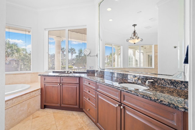 48 Tranquility Ln, Destin, FL 32541 - full bathroom featuring healthy amount of natural light, tile patterned flooring, double vanity, and crown molding