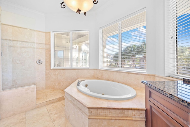 48 Tranquility Ln, Destin, FL 32541 - full bath featuring a tub with jets, a walk in shower, tile patterned floors, and crown molding