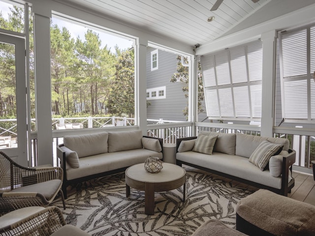 44 Tidepool Ln, Watersound, FL 32461 - sunroom featuring an outdoor hangout area, vaulted ceiling, and ceiling fan