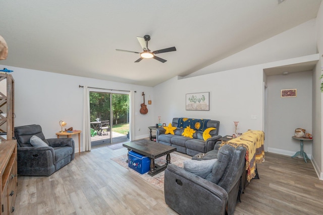 6229 Flash Ln, Crestview, FL 32536 - living area with lofted ceiling, a ceiling fan, wood finished floors, and baseboards