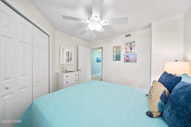 17155 Front Beach Rd Unit W405, Panama City Beach, FL 32413 - bedroom with a closet, ceiling fan, and a textured ceiling