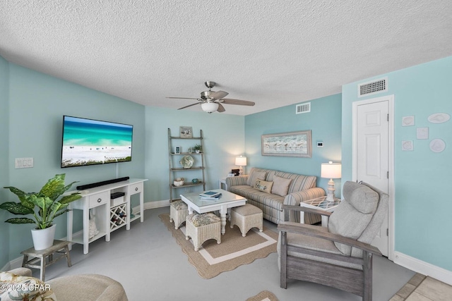 17155 Front Beach Rd Unit W405, Panama City Beach, FL 32413 - living room with a ceiling fan, a textured ceiling, and baseboards