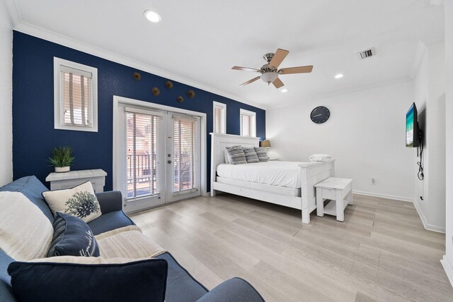 142 Southfields Rd, Panama City Beach, FL 32413 - bedroom with access to outside, french doors, ornamental molding, light wood-style floors, and a ceiling fan