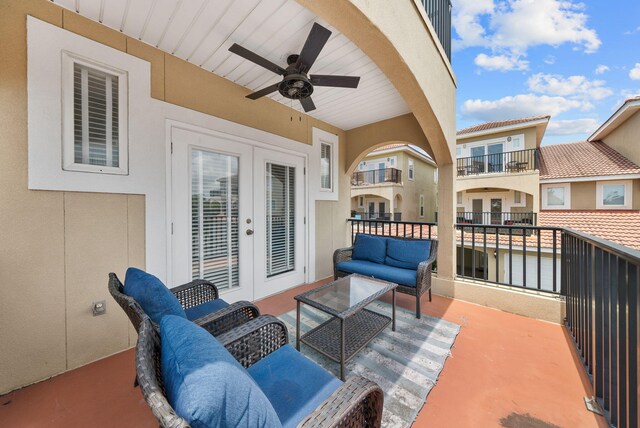 142 Southfields Rd, Panama City Beach, FL 32413 - view of patio featuring french doors, an outdoor living space, ceiling fan, and a balcony