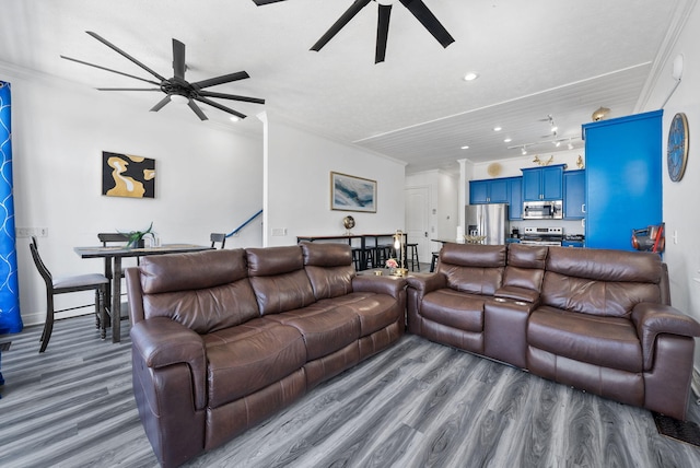 512 Dement Cir Apt F, Panama City Beach, FL 32407 - living area with ceiling fan, wood finished floors, recessed lighting, and ornamental molding