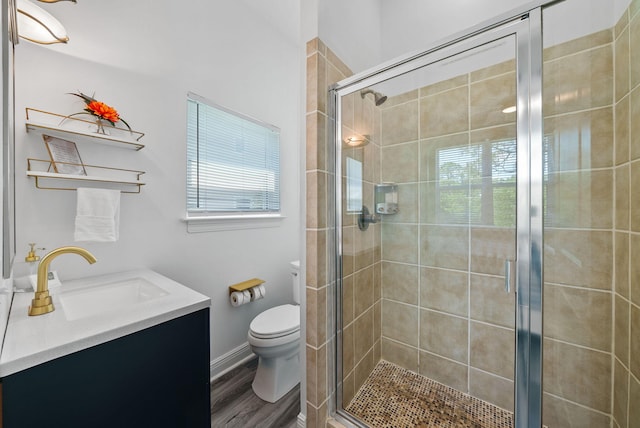 512 Dement Cir Apt F, Panama City Beach, FL 32407 - bathroom with toilet, vanity, a shower stall, and plenty of natural light