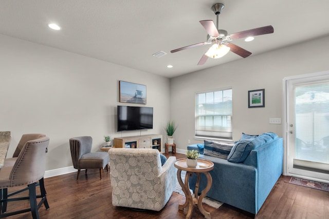 2065 Wilsons Plover Cir, Navarre, FL 32566 - living room featuring dark wood-type flooring, a ceiling fan, baseboards, and recessed lighting