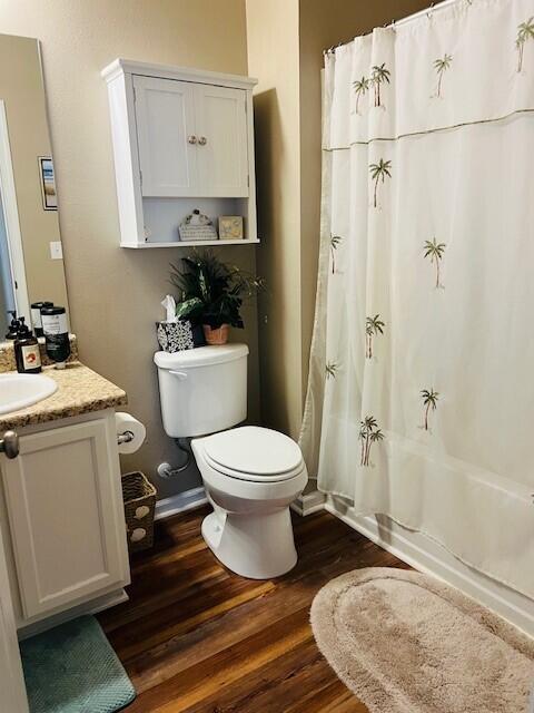 115 Lilly Bell Ln, Freeport, FL 32439 - full bath with wood finished floors, vanity, toilet, and shower / bathtub combination with curtain