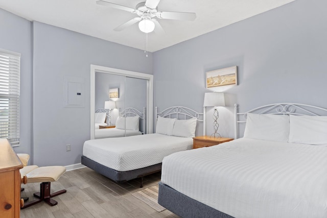 515 Topsl Beach Blvd # 401, Miramar Beach, FL 32550 - bedroom featuring light wood-style flooring, a closet, ceiling fan, baseboards, and electric panel
