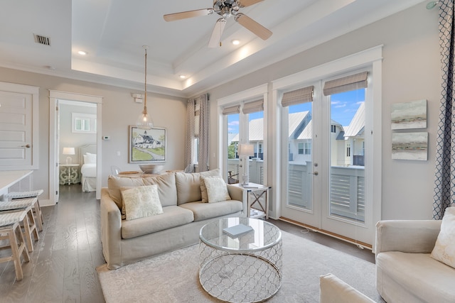 23 E York Ln Unit C, Inlet Beach, FL 32461 - living area with wood finished floors, crown molding, ceiling fan, a tray ceiling, and recessed lighting