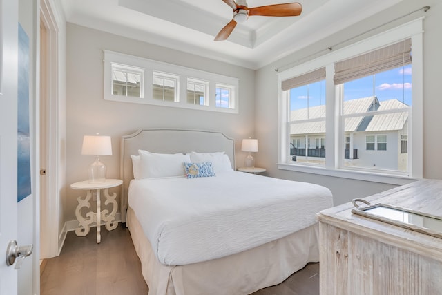23 E York Ln Unit C, Inlet Beach, FL 32461 - bedroom with wood finished floors, a raised ceiling, baseboards, and a ceiling fan