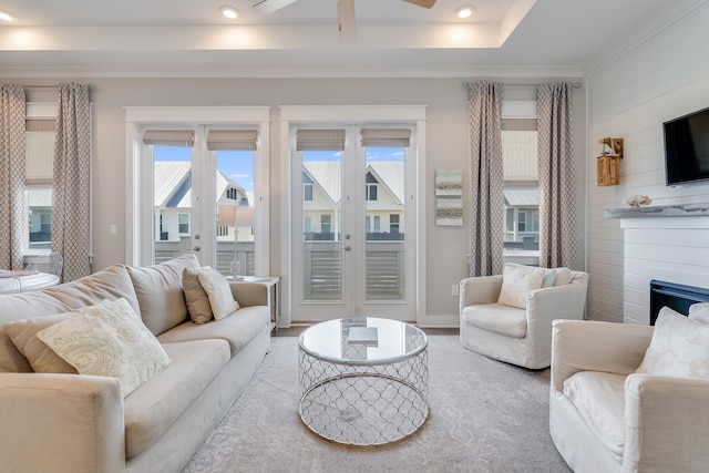 23 E York Ln Unit C, Inlet Beach, FL 32461 - living area featuring a ceiling fan, recessed lighting, a fireplace, and wooden walls