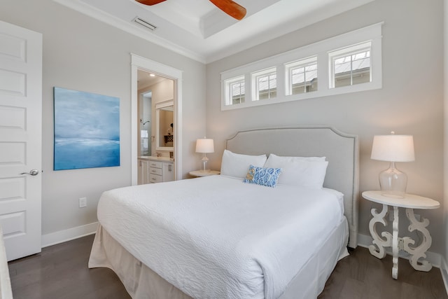 23 E York Ln Unit C, Inlet Beach, FL 32461 - bedroom featuring dark wood-style floors, baseboards, ensuite bath, crown molding, and ceiling fan