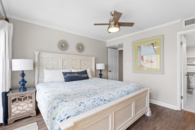 23223 Front Beach Rd # 913, Panama City Beach, FL 32413 - bedroom featuring dark wood-style floors, crown molding, baseboards, ensuite bath, and ceiling fan