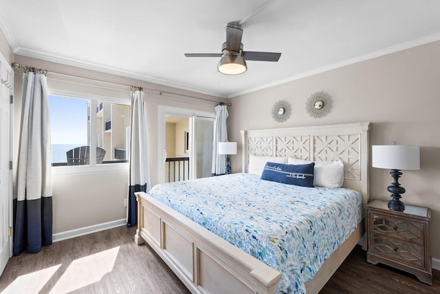 23223 Front Beach Rd # 913, Panama City Beach, FL 32413 - bedroom featuring ornamental molding, dark wood-style floors, baseboards, and ceiling fan