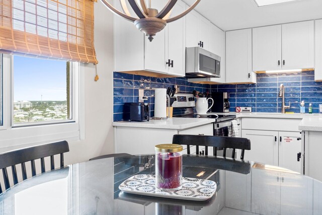 23223 Front Beach Rd # 913, Panama City Beach, FL 32413 - kitchen featuring stainless steel appliances, a sink, light countertops, backsplash, and white cabinetry