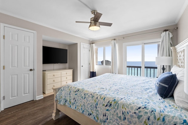 23223 Front Beach Rd # 913, Panama City Beach, FL 32413 - bedroom with crown molding, access to outside, dark wood finished floors, ceiling fan, and baseboards