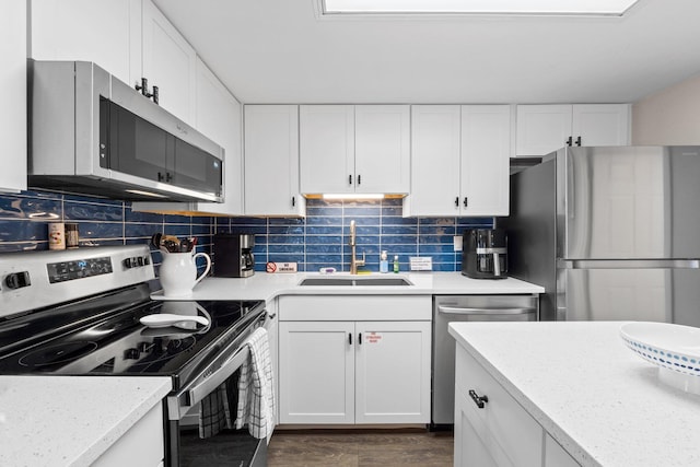 23223 Front Beach Rd # 913, Panama City Beach, FL 32413 - kitchen with appliances with stainless steel finishes, a sink, light countertops, decorative backsplash, and white cabinets