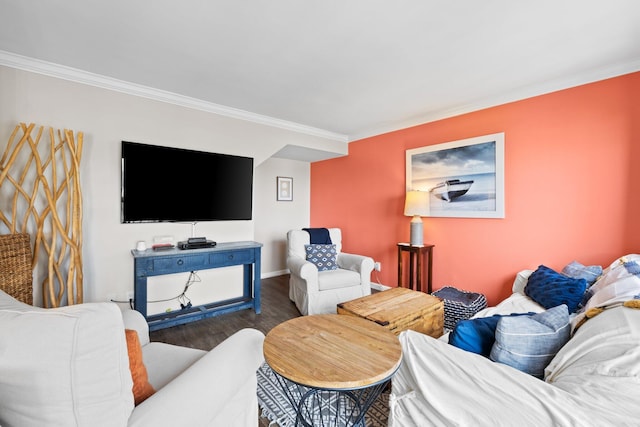 23223 Front Beach Rd # 913, Panama City Beach, FL 32413 - living area featuring ornamental molding, wood finished floors, and baseboards