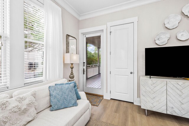310 Morgans Trl, Santa Rosa Beach, FL 32459 - living area with ornamental molding, wood finished floors, and healthy amount of natural light