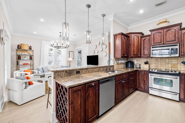 310 Morgans Trl, Santa Rosa Beach, FL 32459 - kitchen with stainless steel appliances, a sink, light wood-style flooring, open floor plan, and stone countertops