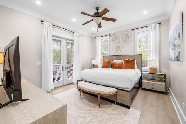 310 Morgans Trl, Santa Rosa Beach, FL 32459 - bedroom featuring access to outside, wood finished floors, multiple windows, crown molding, and recessed lighting