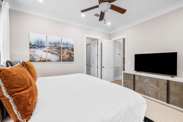 310 Morgans Trl, Santa Rosa Beach, FL 32459 - bedroom with recessed lighting, ornamental molding, and ceiling fan