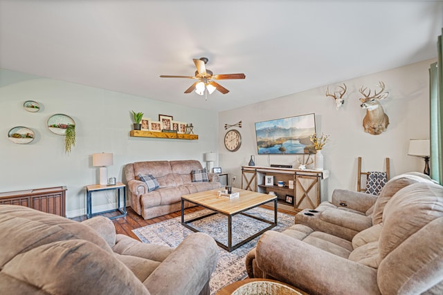 5416 Mill Brook Ln, Crestview, FL 32539 - living room featuring ceiling fan, wood finished floors, and baseboards