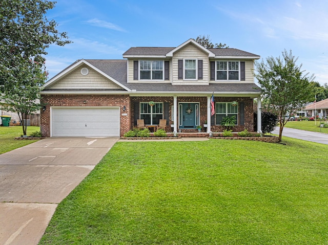 5416 Mill Brook Ln, Crestview, FL 32539 - view of front facade featuring concrete driveway, a front yard, a garage, covered porch, and brick siding