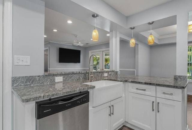 14 Winfield Way, Mary Esther, FL 32569 - kitchen with dishwasher, a sink, ceiling fan, white cabinets, and dark stone counters