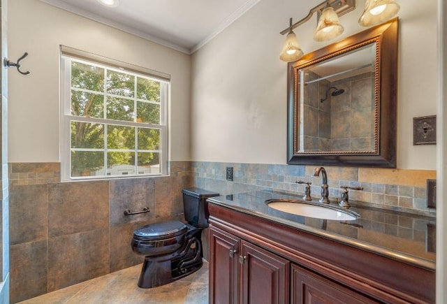 14 Winfield Way, Mary Esther, FL 32569 - full bath featuring vanity, toilet, tile walls, a tile shower, and ornamental molding