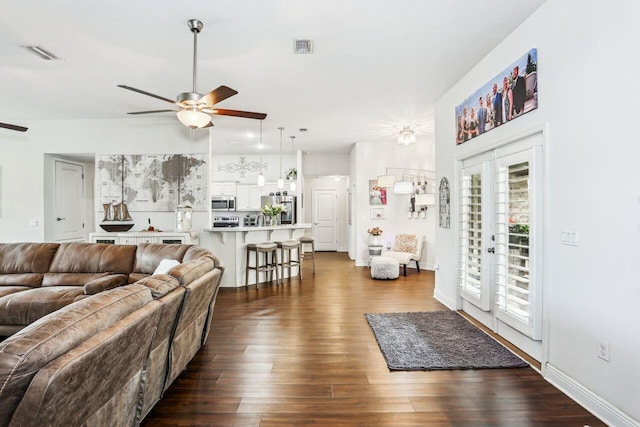 5744 Periwinkle Ln, Crestview, FL 32539 - living room with ceiling fan, dark wood finished floors, and baseboards