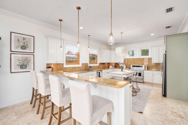 92 Carolyn Ln, Santa Rosa Beach, FL 32459 - kitchen with appliances with stainless steel finishes, a peninsula, a sink, a kitchen bar, and crown molding