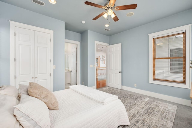 92 Carolyn Ln, Santa Rosa Beach, FL 32459 - carpeted bedroom with a closet, baseboards, ceiling fan, recessed lighting, and ensuite bath