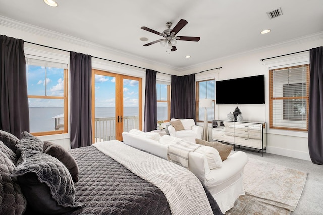 92 Carolyn Ln, Santa Rosa Beach, FL 32459 - carpeted bedroom featuring access to exterior, baseboards, ornamental molding, recessed lighting, and ceiling fan