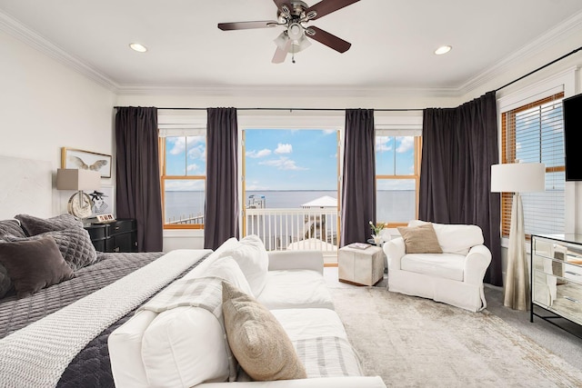 92 Carolyn Ln, Santa Rosa Beach, FL 32459 - bedroom with ornamental molding, carpet floors, ceiling fan, and recessed lighting