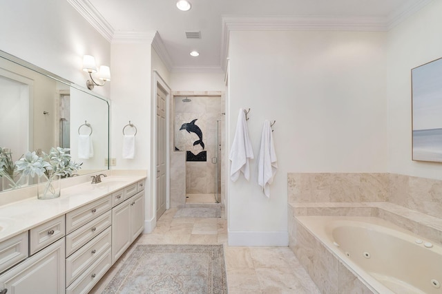 92 Carolyn Ln, Santa Rosa Beach, FL 32459 - bathroom featuring a whirlpool tub, double vanity, a shower stall, crown molding, and recessed lighting