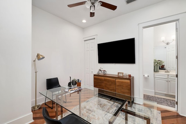 92 Carolyn Ln, Santa Rosa Beach, FL 32459 - home office featuring a ceiling fan, wood finished floors, recessed lighting, and baseboards
