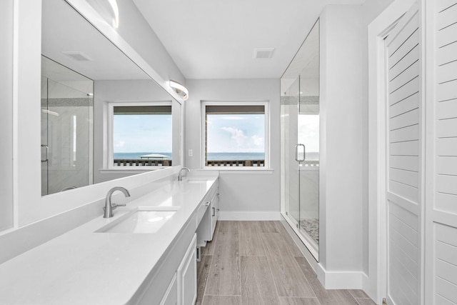 14351 State Highway 20, Niceville, FL 32578 - full bath featuring double vanity, a shower stall, and wood finished floors