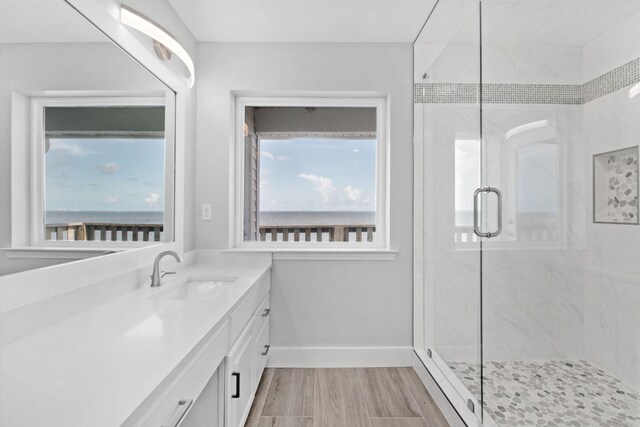 14351 State Highway 20, Niceville, FL 32578 - full bath featuring vanity, healthy amount of natural light, a shower stall, and wood finished floors