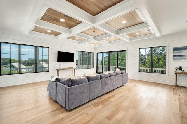 7570 E County Highway 30a, Watersound, FL 32461 - living area with coffered ceiling, plenty of natural light, light wood-style floors, beamed ceiling, and recessed lighting