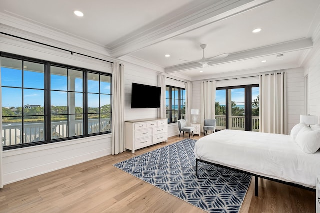 7570 E County Highway 30a, Watersound, FL 32461 - bedroom with crown molding, beamed ceiling, light wood-style floors, recessed lighting, and ceiling fan