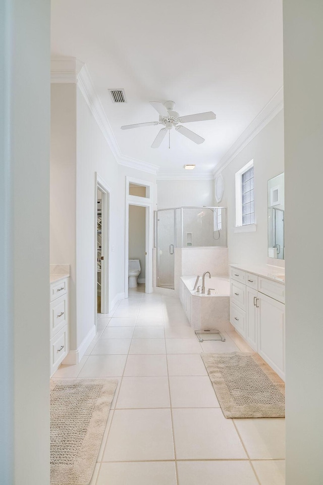 359 Indigo Loop, Miramar Beach, FL 32550 - full bathroom with crown molding, vanity, a ceiling fan, a garden tub, and a shower stall