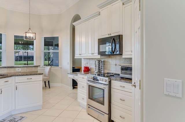 359 Indigo Loop, Miramar Beach, FL 32550 - kitchen featuring black microwave, electric range, tasteful backsplash, light tile patterned flooring, and crown molding