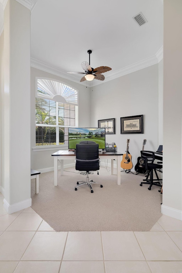 359 Indigo Loop, Miramar Beach, FL 32550 - tiled office with crown molding, carpet floors, ceiling fan, and baseboards