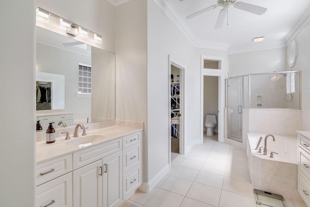 359 Indigo Loop, Miramar Beach, FL 32550 - bathroom featuring a shower stall, crown molding, vanity, a ceiling fan, and a spacious closet