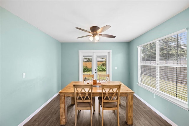 1176 Lost Trl, Fort Walton Beach, FL 32547 - dining area with baseboards, ceiling fan, dark wood finished floors, and french doors