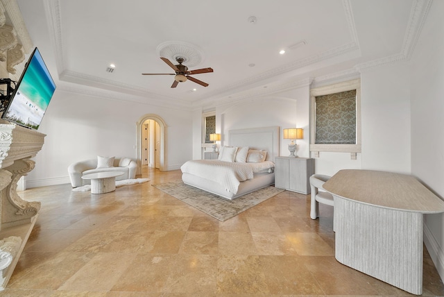 30 Pelican Cir, Inlet Beach, FL 32461 - bedroom with a raised ceiling, arched walkways, crown molding, recessed lighting, and a ceiling fan