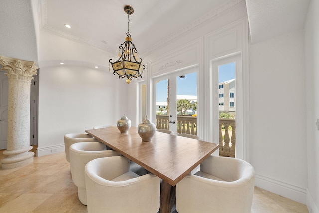 30 Pelican Cir, Inlet Beach, FL 32461 - dining room with a chandelier, recessed lighting, baseboards, ornamental molding, and decorative columns